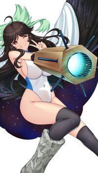 Rule 34 | 1girl, :q, ahoge, arm cannon, black hair, black thighhighs, black wings, blush, bow, breasts, cape, closed mouth, commentary request, control rod (touhou), covered navel, feathered wings, feet out of frame, green bow, hair bow, hataraki kuma, highres, large breasts, leotard, long hair, looking at viewer, one eye closed, print cape, red eyes, reiuji utsuho, sideboob, simple background, smile, solo, starry sky print, thighhighs, tongue, tongue out, touhou, two-sided cape, two-sided fabric, v, weapon, white background, white cape, white leotard, wings