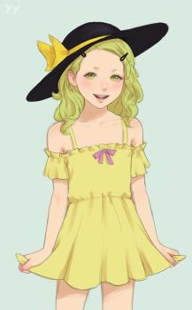 Rule 34 | 1girl, :d, alternate costume, alternate hairstyle, arms at sides, bare arms, bare shoulders, blush, bow, braces, collarbone, cowboy shot, dress, flat chest, frills, green eyes, green hair, grey background, hair behind ear, hair ornament, hairpin, happy, hat, highres, komeiji koishi, long hair, looking at viewer, nail polish, off-shoulder dress, off shoulder, open mouth, purple bow, short sleeves, simple background, smile, solo, touhou, wavy hair, yellow dress, yyf (seaknight)
