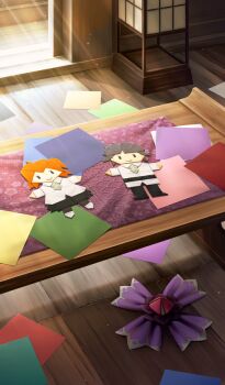 Rule 34 | andon, chaldea uniform, commentary, day, fate/grand order, fate (series), fujimaru ritsuka (female), fujimaru ritsuka (male), indoors, lasengle, light particles, light rays, no humans, object focus, official art, origami, paper, scenery, still life, sunbeam, sunlight, table, third-party source