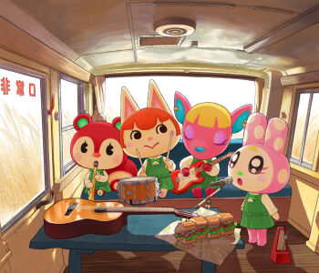 4girls acoustic_guitar animal_crossing belt blush blush_stickers cat_girl chrissy_(animal_crossing) closed_eyes closed_mouth commentary_request deer_girl dress drum drumsticks earrings electric_guitar eyelashes felicity_(animal_crossing) flute food fuchsia_(animal_crossing) furry furry_female green_belt green_dress green_ribbon guitar highres holding holding_drumsticks holding_instrument indoors instrument jewelry long_sleeves metronome microphone microphone_stand multiple_girls music neck_ribbon nintendo open_mouth pinafore_dress playing_instrument pleated_dress poppy_(animal_crossing) rabbit_girl recorder ribbon sandwich school_uniform senrotou shirt singing sitting sleeveless sleeveless_dress squirrel_girl standing table white_shirt window wooden_floor