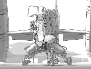 1boy 1girl bag boots cockpit commentary_request flight_suit floodlights greyscale helmet highres holding holding_bag ikari_shinji l.w._mirage ladder landing_gear monochrome neon_genesis_evangelion signature souryuu_asuka_langley two_side_up vtol