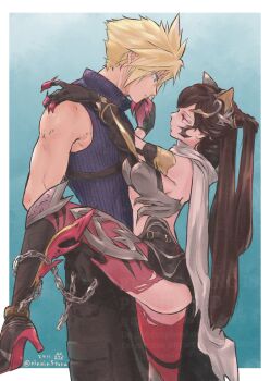 1boy 1girl animal_ears armor black_hair blonde_hair clawed_gauntlets cloud_strife commentary_request eye_contact final_fantasy final_fantasy_vii final_fantasy_vii:_ever_crisis grey_scarf highres leg_lift looking_at_another ninnin5tora official_alternate_costume red_eyes scarf sleeveless sleeveless_turtleneck tifa_lockhart tifa_lockhart_(armor_of_the_worthy) turtleneck wolf_ears