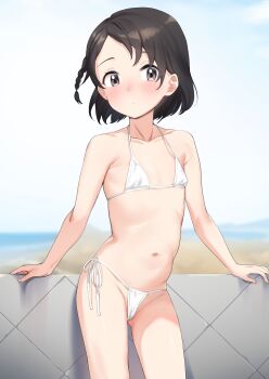 1girl armpit_crease asymmetrical_bangs beach bikini black_hair blush brown_eyes cameltoe closed_mouth collarbone djheycha flat_chest highres idolmaster idolmaster_cinderella_girls labia_slip loli looking_at_viewer micro_bikini navel outdoors sasaki_chie short_hair side-tie_bikini_bottom solo stomach swimsuit thighs water webp-to-png_conversion white_bikini