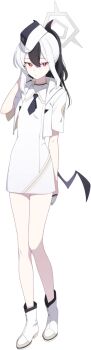 1girl black_hair black_horns black_necktie black_wings blue_archive boots bright_pupils closed_mouth collared_dress cropped_jacket demon_girl demon_horns demon_wings doremi_(doremi4704) dress earclip expressionless female_focus flat_chest full_body game_asset garrison_cap gloves grey_halo hair_between_eyes half-closed_eyes half_gloves halo hand_up hat horns jacket kayoko_(blue_archive) knees_together_feet_apart large_variant_set legs long_hair looking_at_viewer low_wings mini_wings multicolored_hair necktie official_art open_clothes open_jacket ponytail red_eyes short_dress short_necktie short_sleeves sidelocks simple_background single_wing solo standing tachi-e thighs third-party_source transparent_background two-tone_hair two-tone_hat variant_set white_boots white_dress white_gloves white_hair white_pupils wings