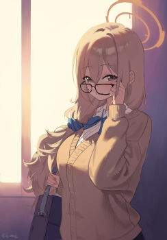 1girl absurdres adjusting_eyewear akane_(blue_archive) akane_(school_uniform)_(blue_archive) artist_name bag black-framed_eyewear blue_archive blue_scrunchie breasts brown_cardigan brown_eyes brown_hair brown_halo cardigan closed_mouth commentary dress_shirt from_side hair_between_eyes hair_ornament hair_over_shoulder hair_scrunchie halo highres holding_strap indoors large_breasts lelegadou long_hair long_sleeves looking_at_viewer official_alternate_costume school_bag school_uniform scrunchie shirt signature smile solo upper_body white_shirt window