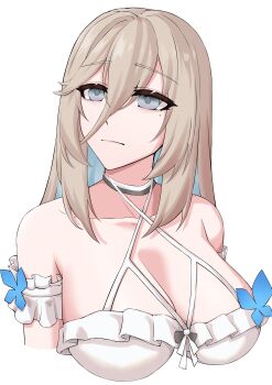 Rule 34 | 1girl, absurdres, aponia, aponia (mesmerizing blue), bare shoulders, blonde hair, blue eyes, breasts, cleavage, commentary request, cropped torso, dress, hair between eyes, highres, honkai (series), honkai impact 3rd, korean commentary, large breasts, long hair, mole, mole under eye, official alternate costume, pyeong il, simple background, solo, very long hair, white background, white dress