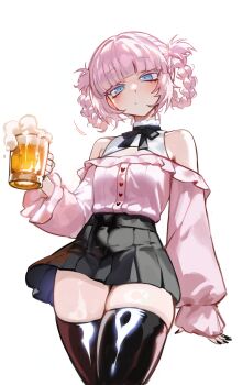 1girl :/ absurdres alcohol bare_shoulders beer beer_mug black_bow black_bowtie black_nails black_skirt black_thighhighs blue_eyes blunt_bangs blush bow bowtie braid braided_hair_rings cleavage_cutout closed_mouth clothing_cutout commentary cowboy_shot cup foolish_potato hair_rings heart highres holding holding_cup legs_together long_sleeves looking_at_viewer miniskirt motion_lines mug nail_polish nanakusa_nazuna_(yofukashi_no_uta) off-shoulder_shirt off_shoulder pink_hair pink_shirt pleated_skirt ringed_eyes shirt sidelocks simple_background skirt sleeves_past_wrists solo standing thick_eyelashes thighhighs very_long_fingernails white_background yofukashi_no_uta zettai_ryouiki