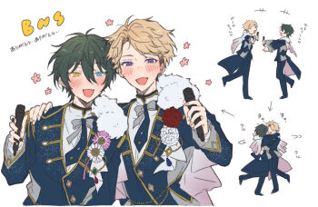 Rule 34 | 2boys, :d, arrow (symbol), black nails, blue eyes, blue pants, brown hair, commentary, ensemble stars!, fingernails, flower, green hair, hair between eyes, hand on another's shoulder, hand up, hands up, heterochromia, highres, holding, holding microphone, hug, kagehira mika, long sleeves, looking at another, looking at viewer, male focus, microphone, mizuki1103, multiple boys, multiple views, nail polish, narukami arashi, official alternate costume, open mouth, outstretched arms, pants, purple eyes, red flower, short hair, simple background, smile, undercut, upper body, white background, white flower, yellow eyes