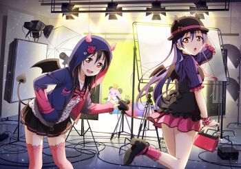 Rule 34 | 2girls, :o, alternate hairstyle, artist request, bag, bat wings, blue hair, bow, camera, collarbone, copyright name, crown, demon horns, demon tail, demon wings, fake horns, frills, hair down, hand in pocket, handbag, hat, heart, high heels, hood, hoodie, horned headwear, horns, kneehighs, lace, lace-trimmed legwear, lace trim, long hair, long sleeves, looking at viewer, love live!, love live! school idol festival, love live! school idol project, multiple girls, official art, open mouth, photo shoot, pink legwear, pinstripe pattern, polka dot, puffy short sleeves, puffy sleeves, red eyes, sailor collar, short sleeves, skirt, smile, socks, sonoda umi, striped, stuffed animal, stuffed toy, tail, tail grab, teddy bear, thighhighs, wings, wrist cuffs, yazawa nico, yellow eyes, zettai ryouiki