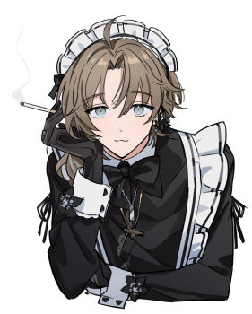 1boy :3 apron arm_support attsei black_bow black_bowtie black_gloves black_shirt bow bowtie brown_hair cigarette commentary_request cropped_torso frilled_apron frills gloves green_eyes head_rest highres holding holding_cigarette kanae_(20th_costume)_(nijisanji) kanae_(nijisanji) long_sleeves looking_at_viewer maid_headdress male_focus mole mole_under_eye nijisanji shirt simple_background sketch smoke smoking solo virtual_youtuber white_apron white_background