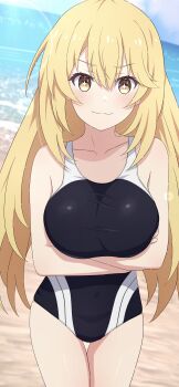 1girl absurdres arms_under_breasts beach black_one-piece_swimsuit blonde_hair breasts closed_mouth collarbone competition_school_swimsuit competition_swimsuit crossed_arms highleg highleg_one-piece_swimsuit highres large_breasts long_hair looking_at_viewer multicolored_swimsuit na-suke ocean one-piece_swimsuit outdoors sand school_swimsuit shokuhou_misaki simple_background smile solo sparkling_eyes star_(symbol) swimsuit symbol-shaped_pupils thigh_gap toaru_kagaku_no_mental_out toaru_kagaku_no_railgun toaru_majutsu_no_index tokiwadai_school_swimsuit two-tone_one-piece_swimsuit two-tone_swimsuit yellow_eyes