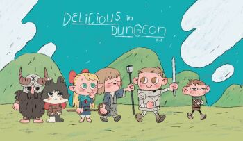 ambrosia_(dungeon_meshi) animal_ears armor beard beard_over_mouth black_fur blonde_hair blue_capelet blue_robe blue_sky body_fur brown_hair capelet cat_ears cat_girl chilchuck_tims closed_eyes cloud copyright_name dungeon_meshi dwarf elf facial_hair fake_horns falin_touden halfling helmet holding holding_weapon hood hooded_capelet horned_helmet horns izutsumi laios_touden large_ears long_beard marcille_donato mismatched_animal_ear_colors mountainous_horizon mustache neck_warmer plate_armor pointy_ears red_scarf robe scarf senshi_(dungeon_meshi) shuangshuanghao sky sprout sword thick_mustache very_long_beard weapon