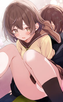 1boy 1girl black_sailor_collar black_skirt black_socks blush brown_eyes brown_hair commentary_request feet_out_of_frame green_ribbon hair_between_eyes highres komone_ushio long_sleeves open_mouth original panties pantyshot ribbon sailor_collar school_uniform shirt short_hair sitting skirt socks thighs underwear white_panties yellow_eyes