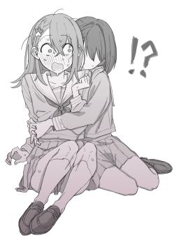Rule 34 | !?, 2girls, absurdres, akkgsyk, blush, commentary request, greyscale, hanasato minori, highres, hug, hug from behind, kiritani haruka, kneehighs, loafers, long hair, monochrome, multiple girls, pleated skirt, project sekai, sailor collar, school uniform, serafuku, shoes, skirt, socks, sweat, yuri
