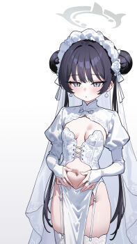 1girl :o absurdres alternate_costume black_hair blue_archive blush breasts bridal_gauntlets bridal_veil center_opening commentary cowboy_shot double_bun dress earrings eco_376124 frilled_hairband frills full_body garter_straps grey_eyes grey_halo hair_bun hairband halo hands_on_own_stomach high_heels highres jewelry juliet_sleeves kisaki_(blue_archive) long_hair long_sleeves looking_at_viewer navel open_mouth pelvic_curtain puffy_sleeves revealing_clothes shoes shrug_(clothing) simple_background small_breasts solo standing symbol-only_commentary thighhighs twintails veil very_long_hair wedding_dress white_background white_dress white_shoes white_shrug white_thighhighs