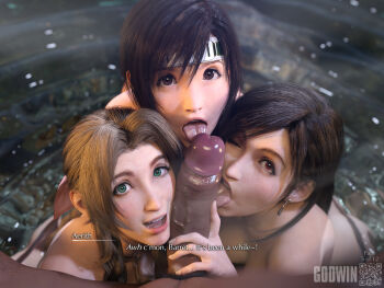 1boy 3d 3girls aerith_gainsborough barret_wallace black_hair braid brown_eyes brown_hair commentary dark-skinned_male dark_skin earrings english_commentary english_text erection fellatio final_fantasy final_fantasy_vii final_fantasy_vii_remake girthy_penis godwin3d green_eyes group_sex hair_between_eyes hair_intakes headband hetero highres interracial jewelry large_penis licking licking_penis long_hair looking_at_viewer multiple_girls one_eye_closed open_mouth oral paid_reward_available penis pov red_eyes tifa_lockhart tongue tongue_out upper_body veins veiny_penis very_dark_skin water yuffie_kisaragi
