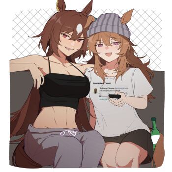2girls :d :s absurdres animal_ears bare_shoulders beanie black_camisole black_shoes bottle breasts brown_hair camisole cleavage cola commentary content_rating controller couch ear_ornament ears_through_headwear english_commentary grey_hat grey_pants hair_between_eyes hat highres holding holding_controller holding_remote_control horse_ears horse_girl jenn_(sinclairfan1) large_breasts long_hair looking_at_viewer multiple_girls nakayama_festa_(umamusume) navel open_mouth pants purple_eyes remote_control shirt shoes short_sleeves sirius_symboli_(umamusume) sitting smile spaghetti_strap stomach t-shirt teeth tweet umamusume upper_teeth_only very_long_hair white_shirt