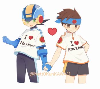 2boys black_bodysuit black_shorts blue_headband blue_helmet bodysuit brothers brown_eyes brown_hair character_name cowboy_shot green_eyes headband heart heart_print helmet high_collar highres lan_hikari_(mega_man) male_focus mega_man_(series) mega_man_battle_network_(series) megaman.exe multiple_boys netnavi nett0kunkawa11 print_shirt shirt shorts siblings text_print twins twitter_username white_shirt