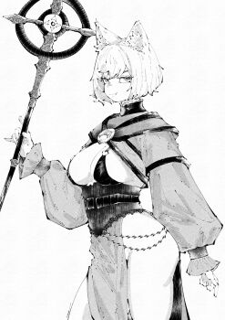 1girl absurdres animal_ear_fluff animal_ears bra breasts brooch cat_ears cat_girl cleavage closed_mouth commentary cowboy_shot english_commentary fang fang_out from_side greyscale heart heart_o-ring highres holding holding_staff jewelry large_breasts long_sleeves looking_at_viewer mage_staff miregeist monochrome no_panties o-ring o-ring_bra original puffy_long_sleeves puffy_sleeves sash short_hair shrug_(clothing) side_slit simple_background skirt smile solo staff swept_bangs turtleneck turtleneck_shrug underwear white_background