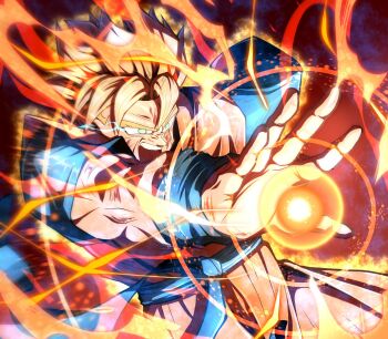 Rule 34 | 1boy, amputee, aura, blonde hair, blue sash, blue shirt, commentary request, cowboy shot, coyote koyoharu, dougi, dragon ball, dragonball z, green eyes, highres, orange pants, orange shirt, pants, powering up, sash, shirt, short hair, solo, son gohan, son gohan (future), spiked hair, super saiyan, super saiyan 1