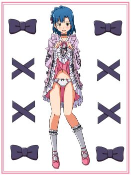 Rule 34 | 1girl, asymmetrical bangs, black choker, blue hair, blush, bow, bow panties, choker, clothes lift, commentary, crotch seam, dress, dress lift, frilled dress, frilled socks, frills, full body, highres, idolmaster, idolmaster million live!, lace, lace-trimmed panties, lace trim, lielos, lifting own clothes, long sleeves, looking at viewer, medium dress, nanao yuriko, open mouth, panties, pink shoes, shoes, short hair, smile, socks, solo, standing, underwear, white panties, white socks, yellow eyes