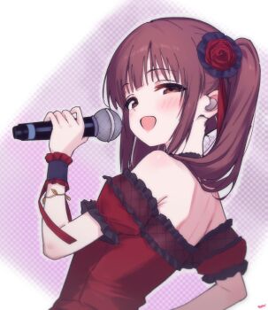 1girl :d armpit_crease bare_shoulders brown_eyes brown_hair choker detached_sleeves dress flower frilled_sleeves frilled_wrist_cuffs frills grey_choker grey_wrist_cuffs hair_flower hair_ornament highres holding holding_microphone idolmaster idolmaster_cinderella_girls jia_wenyuan long_hair looking_at_viewer microphone ogata_chieri open_mouth puffy_detached_sleeves puffy_sleeves red_dress red_flower red_sleeves short_sleeves sidelocks smile solo strapless strapless_dress twintails upper_body wrist_cuffs