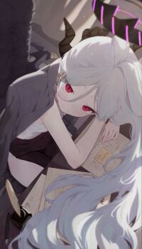 1girl ahoge black_halo black_skirt blue_archive breasts commentary_request demon_girl demon_horns demon_wings desk halo highres hina_(blue_archive) horns indoors jacket long_hair looking_at_viewer low_wings purple_eyes skirt small_breasts solo very_long_hair white_hair wings yona_(yoroyoro)