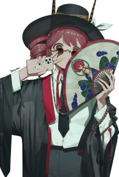 1girl absurdres alternate_costume artist_name black_jacket black_necktie cellphone closed_mouth collared_shirt drill_hair folding_fan glasses hand_fan highres holding holding_fan holding_phone jacket jellyrexart kasane_teto kasane_teto_(sv) looking_at_viewer necktie open_clothes open_jacket phone red_eyes red_hair shirt simple_background smartphone solo synthesizer_v utau white_background white_shirt
