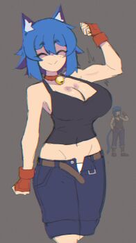 1girl animal_ear_fluff animal_ears arm_up bell belt black_tank_top blue_hair blue_shorts breasts cat_ears cat_girl choker cleavage clenched_hands closed_eyes closed_mouth collarbone cowboy_shot doce female_focus fingerless_gloves flexing freckles freckles_on_breasts gloves grey_background hair_between_eyes highres jingle_bell midriff navel original panties panty_peek red_gloves reference_inset short_hair shorts simple_background sleeveless smile tank_top unbuttoned_pants underwear white_panties xiao_(docecaedrus)