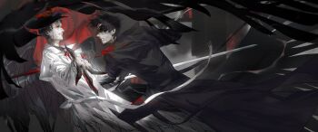 2boys absurdres arched_window black_coat black_eyes black_hair black_wings blood blood_on_clothes blood_splatter bloody_weapon clenched_teeth coat colored_extremities feathered_wings feet_out_of_frame fingernails grin hashtag-only_commentary highres holding holding_sword holding_weapon impaled indoors kim_dokja male_focus multiple_boys omniscient_reader&#039;s_viewpoint open_clothes open_coat outstretched_arm serious sharp_fingernails short_hair smile stab sword teeth vivi102828 weapon white_coat window wings yoo_joonghyuk