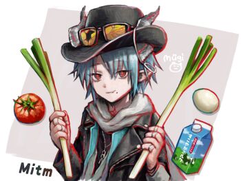 1boy arknights artist_name bandaid bandaid_on_finger bandaid_on_hand black_eyes black_hat black_jacket blue_hair broken character_name closed_mouth commentary_request cross-shaped_pupils drink drink_carton egg food grey_horns hat holding holding_food horns horns_through_headwear jacket light_smile looking_at_viewer male_focus milk_carton mitm_(arknights) mole mole_under_mouth mugi_(shrimpi_mugi) partial_commentary pointy_ears red_pupils short_hair solo spring_onion symbol-shaped_pupils tomato upper_body vegetable