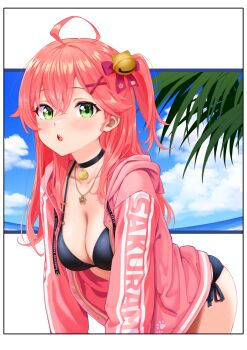 1girl :o ahoge beach bell bikini black_bikini black_choker blue_sky border bow breasts choker cleavage cloud collarbone cowboy_shot crossed_bangs green_eyes hair_bell hair_between_eyes hair_bow hair_ornament highres hololive hood hood_down hooded_jacket jacket jewelry jingle_bell kanami_yuu large_breasts leaning_forward long_hair long_sleeves looking_at_viewer necklace one_side_up open_clothes open_jacket open_mouth palm_tree pendant pendant_choker pink_jacket purple_bow red_hair sakura_miko side-tie_bikini_bottom sky solo swimsuit teeth text_print tree upper_teeth_only virtual_youtuber x_hair_ornament zipper