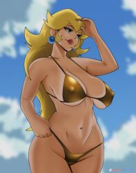 Rule 34 | 1girl, arm up, bikini, blonde hair, breasts, cleavage, cloud, cloudy sky, covered erect nipples, earrings, gold bikini, hand on own hip, highres, jewelry, large breasts, legs, long hair, mario (series), navel, nintendo, princess peach, red lips, seductive smile, sky, smile, solo, spotty arts, standing, swimsuit, thighs, wide hips