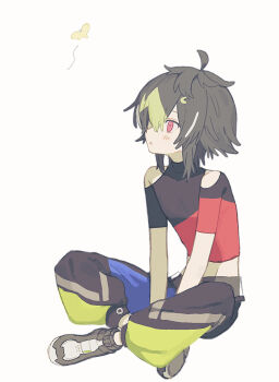 1boy :o ahoge black_hair black_pants black_shirt black_shoes bug butterfly clothing_cutout commentary_request cropped_shirt full_body green_hair highres inami_rai inami_rai_(1st_costume) indian_style insect komiroku looking_up male_focus multicolored_hair nijisanji pants red_eyes red_shirt shirt shoes short_sleeves shoulder_cutout sidelocks simple_background sitting sneakers solo streaked_hair two-tone_shirt virtual_youtuber white_background