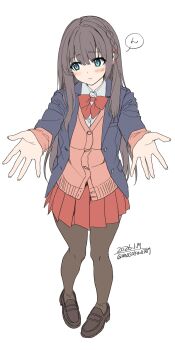 1girl absurdres blue_eyes blue_jacket blush bow bowtie braid breasts brown_hair brown_pantyhose cardigan closed_mouth collared_shirt commentary_request highres jacket long_hair long_sleeves looking_at_viewer open_clothes open_jacket original pantyhose pink_cardigan pleated_skirt red_bow red_bowtie red_skirt school_uniform shirt shoes simple_background skirt solo speech_bubble unasaka_ryou white_background white_shirt