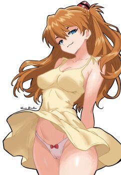 1girl arms_behind_back artist_name bare_shoulders blue_eyes bow bow_panties breasts brown_hair cameltoe closed_mouth clothes_lift collarbone cowboy_shot curvy dress dress_lift eyelashes female_focus from_side half-closed_eyes highleg highleg_panties large_breasts legs long_hair looking_at_viewer looking_to_the_side luz_dreaw naughty_face neon_genesis_evangelion panties red_bow seductive_gaze seductive_smile shiny_skin short_dress sideways_glance simple_background sleeveless sleeveless_dress smile smug solo souryuu_asuka_langley spaghetti_strap standing sundress thick_thighs thighs thong thong_panties toned two_side_up underwear white_background white_panties wide_hips yellow_dress
