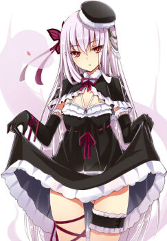 Rule 34 | 1girl, black gloves, butterfly hair ornament, clothes lift, elbow gloves, female focus, gloves, hair ornament, hat, light purple hair, long hair, looking at viewer, mutou kurihito, pointy ears, red eyes, saitou dousan (sengoku bushouki muramasa), sengoku bushouki muramasa, skirt, skirt lift, solo, thigh strap, very long hair