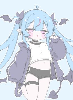1girl :o ahoge bat_wings belt black_bow black_choker black_shorts blue_background blue_hair blush_stickers bow choker commentary_request cowboy_shot cropped_shirt demon_girl demon_tail detached_wings earrings fang hair_bow highres izumi_(yura_izumi) jacket jewelry leg_up long_hair long_sleeves midriff multicolored_hair multiple_hair_bows navel open_clothes open_jacket original outline pink_eyes pink_streaks pointy_ears puffy_sleeves purple_jacket purple_shoes raised_eyebrows shirt shoes short_shorts shorts sidelocks simple_background single_earring sleeves_past_wrists solo symbol-shaped_pupils tail thigh_belt thigh_strap twintails two-tone_hair very_long_hair white_outline white_shirt wings x-shaped_pupils