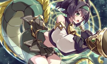 1girl absurdres black_gloves black_hair commentary_request detached_sleeves dracotail_phryxul dragon_girl dragon_horns dragon_tail duel_monster gloves green_eyes green_hairband green_shorts hair_between_eyes hair_ornament hairband highres holding horns kanzakietc long_hair long_sleeves midriff open_mouth shorts solo tail white_sleeves yu-gi-oh!