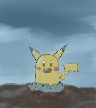 1other animal_focus cosplay diglett gen_1_pokemon highres looking_at_viewer makeup mas_square nintendo pikachu pikachu_(cosplay) pokemon pokemon_(creature) sky solo what