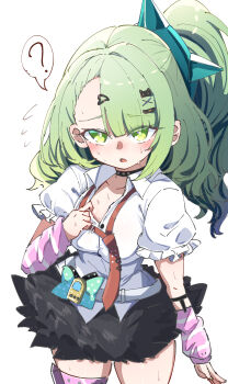 Rule 34 | 1girl, ?, absurdres, arm warmers, bandaid, bandaid hair ornament, black skirt, blush, breasts, caseee999, collarbone, commentary request, cowboy shot, frilled sleeves, frills, fur-trimmed skirt, fur trim, green eyes, green hair, hair ornament, heart, heart hair ornament, highres, looking at viewer, multiple hair clips, necktie, open mouth, pink arm warmers, ponytail, red necktie, shirt, simple background, sketch, skirt, small breasts, solo, spoken question mark, striped arm warmers, sunna (zenless zone zero), sweat, thigh strap, white background, white shirt, zenless zone zero