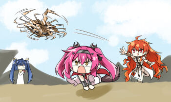 3girls ahoge ancient_greek_clothes arm_armor armor augusta_(wuthering_waves) blue_hair blue_sky breastplate commentary_request day dress food greco-roman_clothes hairband highres holding holding_food iuno_(wuthering_waves) korean_commentary long_hair lupa_(wuthering_waves) metal_hairband multiple_girls open_mouth orange_hair outdoors pink_hair red_eyes sky smile tail twintails vambraces white_dress windy_(jazz9207) wolf_tail wuthering_waves yellow_eyes