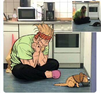 animalization baby_animal beard black_pants blonde_hair bowl brown_capelet capelet cat coffee_pot facial_hair flrrrrr222222 full_body fur-trimmed_capelet fur_trim green_shirt headband indian_style kitchen kitten looking_at_another microwave muscular muscular_male own_hands_together pants pet_bowl photo_background photo_inset pink_slippers red_headband reference_inset scar scar_on_arm shirt short_hair short_sleeves sitting slippers smile t-shirt thorfinn thorkell vinland_saga