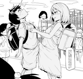 1boy 1futa 4girls backpack bag bulge cum dress ejaculation ejaculation_under_clothes erection erection_under_clothes futa_with_male futanari greyscale handsfree_ejaculation highres loli makin_tama monochrome multiple_girls nipple_stimulation nipple_tweak original outdoors playground public_indecency randoseru shirt short_hair shorts shota t-shirt tongue tongue_out translated