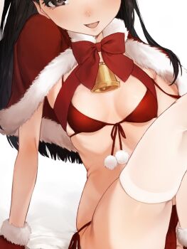 1girl alternate_costume amagami arm_support ayatsuji_tsukasa bell bikini black_eyes black_hair breasts capelet character_request check_character christmas commentary_request cropped_head front-tie_bikini_top front-tie_top fur-trimmed_capelet fur-trimmed_gloves fur_trim gloves highres knees_up looking_at_viewer neck_bell neck_ribbon open_mouth red_bikini red_capelet red_gloves red_ribbon ribbon santa_bikini santa_costume side-tie_bikini_bottom sitting skindentation small_breasts string_bikini swimsuit thighhighs usurai_rairai white_thighhighs
