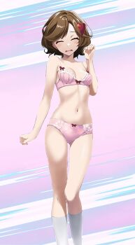 1girl bare_arms bra breasts brown_hair cleavage closed_eyes collarbone facing_viewer female_focus hair_ornament heart heart_hair_ornament highres kneehighs lass_(pokemon) lass_(pokemon_hgss) medium_hair nintendo open_mouth panties pink_bra pink_panties pokemon pokemon_hgss simple_background small_breasts socks solo standing thigh_gap tsukishiro_saika underwear underwear_only wavy_mouth white_socks