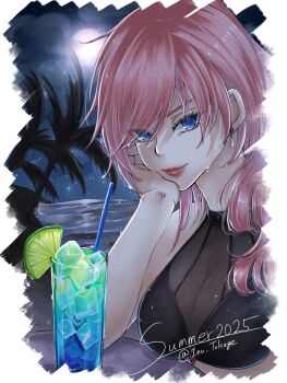1girl 2025 bare_shoulders beach bikini black_bikini blue_eyes breasts closed_mouth commentary_request cuts drink drinking_straw earrings elbow_rest final_fantasy final_fantasy_xiii food fruit full_moon hair_over_shoulder highres ice ice_cube injury inu_tokage jewelry lemon lemon_slice lightning_farron lips long_hair looking_at_viewer medium_breasts moon night night_sky ocean palm_tree pink_hair see-through_clothes see-through_shirt shirt single_earring sky solo summer swimsuit tree twitter_username upper_body