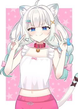 1girl ahoge animal_ears bare_arms bare_shoulders blue_bow blue_eyes bow braid bright_pupils camisole cat_ears cat_girl cat_tail closed_mouth collar commentary cowboy_shot densetsu.exe double_v english_commentary frilled_camisole frilled_straps frills gradient_hair green_hair hair_bow hair_ornament hands_up highres long_hair mint_fantome mint_fantome_(otaku) multicolored_hair outline pink_bow pink_collar pink_shorts shorts smile smug solo standing streaked_hair tail tail_bow tail_ornament tsukasa12598 twin_braids v v-shaped_eyebrows virtual_youtuber white_hair white_outline x_hair_ornament