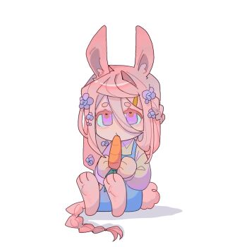 1boy 1other androgynous angry animal_ears animal_feet animated animated_gif animification blue_overalls braid carrot chibi chibi_only chinese_commentary commentary_request flower hair_between_eyes hair_flower hair_ornament holding humanization liuxingyeting long_hair long_sleeves male_focus minecraft_youtube origins_smp overalls pink_eyes pink_hair rabbit_boy rabbit_ears rabbit_tail shirt short_eyebrows single_braid sitting solo_focus tail technoblade technoblade_(bunny) very_long_hair white_background white_shirt