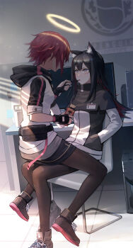 absurdres animal_ears arknights black_hair black_legwear candy_stick chocolate computer computer_tower exusiai_(arknights) glowing halo highres hood hood_down hoodie long_hair mek name_tag pantyhose red_hair shoes short_hair texas_(arknights) wolf_ears yellow_eyes